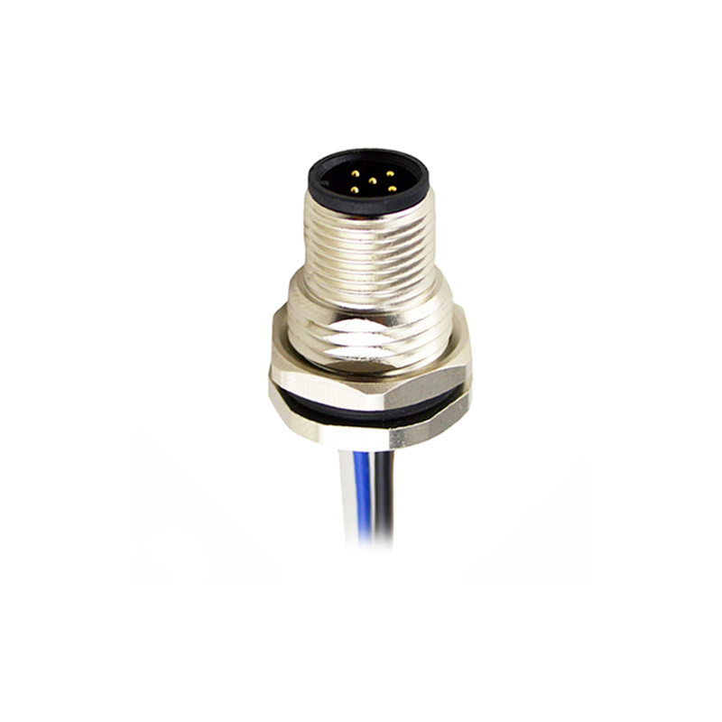 M12 5pins B code male straight front panel mount connector PG9 thread,unshielded,single wires,brass with nickel plated shell